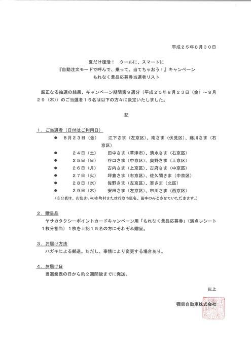 8月23日の自動注文モードによるタクシーのご注文回数が、7月13日以来となる2回目の250回超となりましたため、当選者が1名増えました！！　たくさんのご利用、本当にありがとうございます…m(__)m